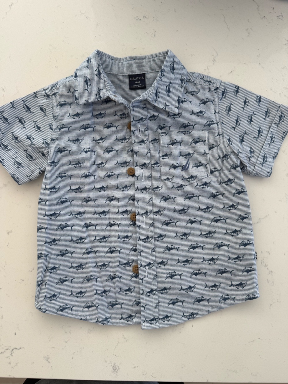 Nautica Boys Light Blue Short Sleeve Button-Down with Navy Shark Print